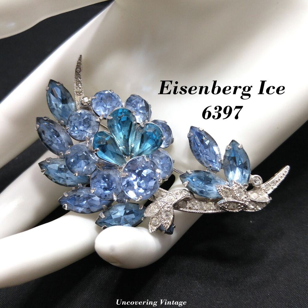 Eisenberg Ice Blue Rhinestone Brooch, Rhodium Plated, 1960s Vintage Jewelry